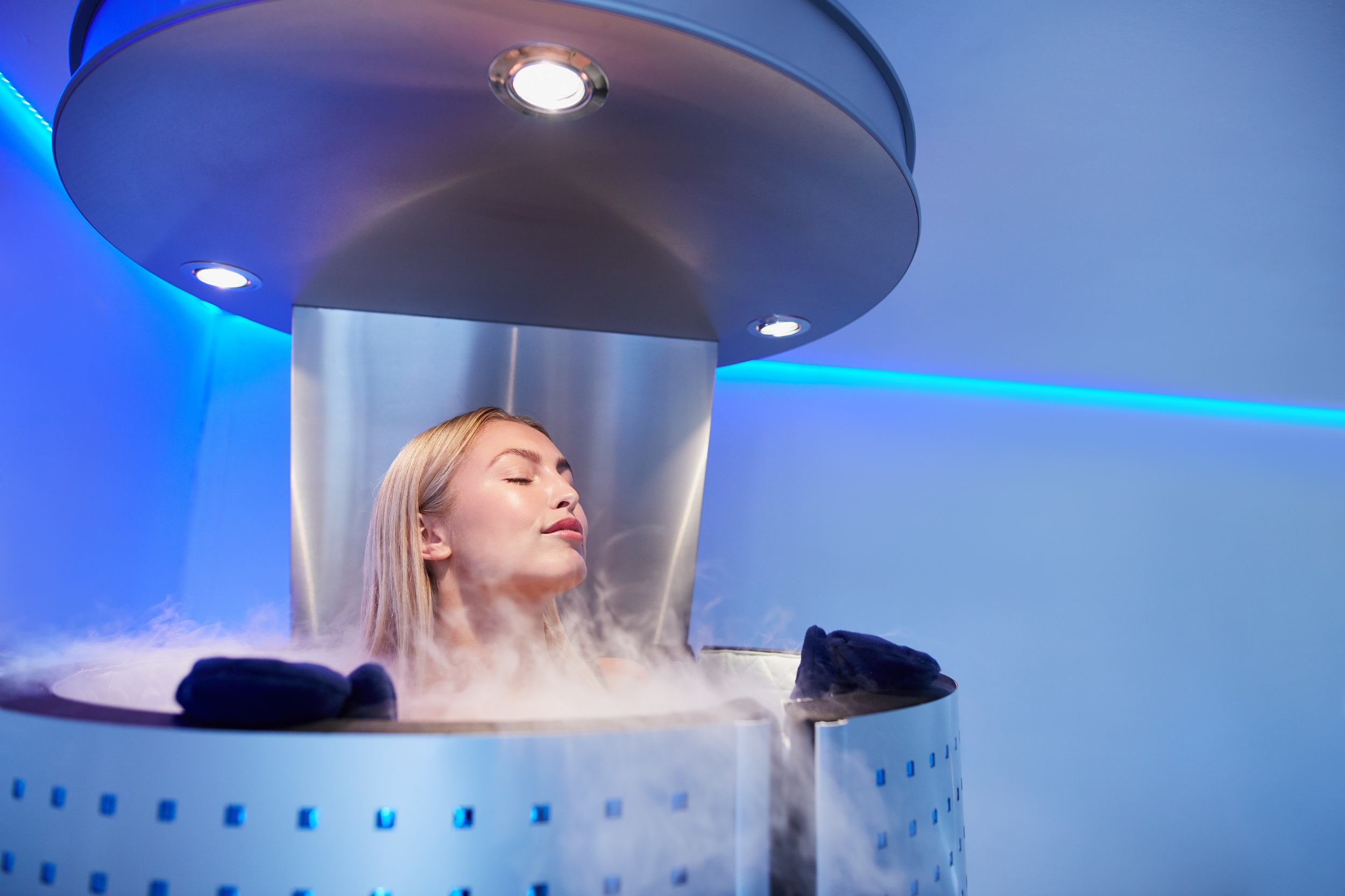 Young woman in a whole body cryo sauna Mr. Düsseldorf